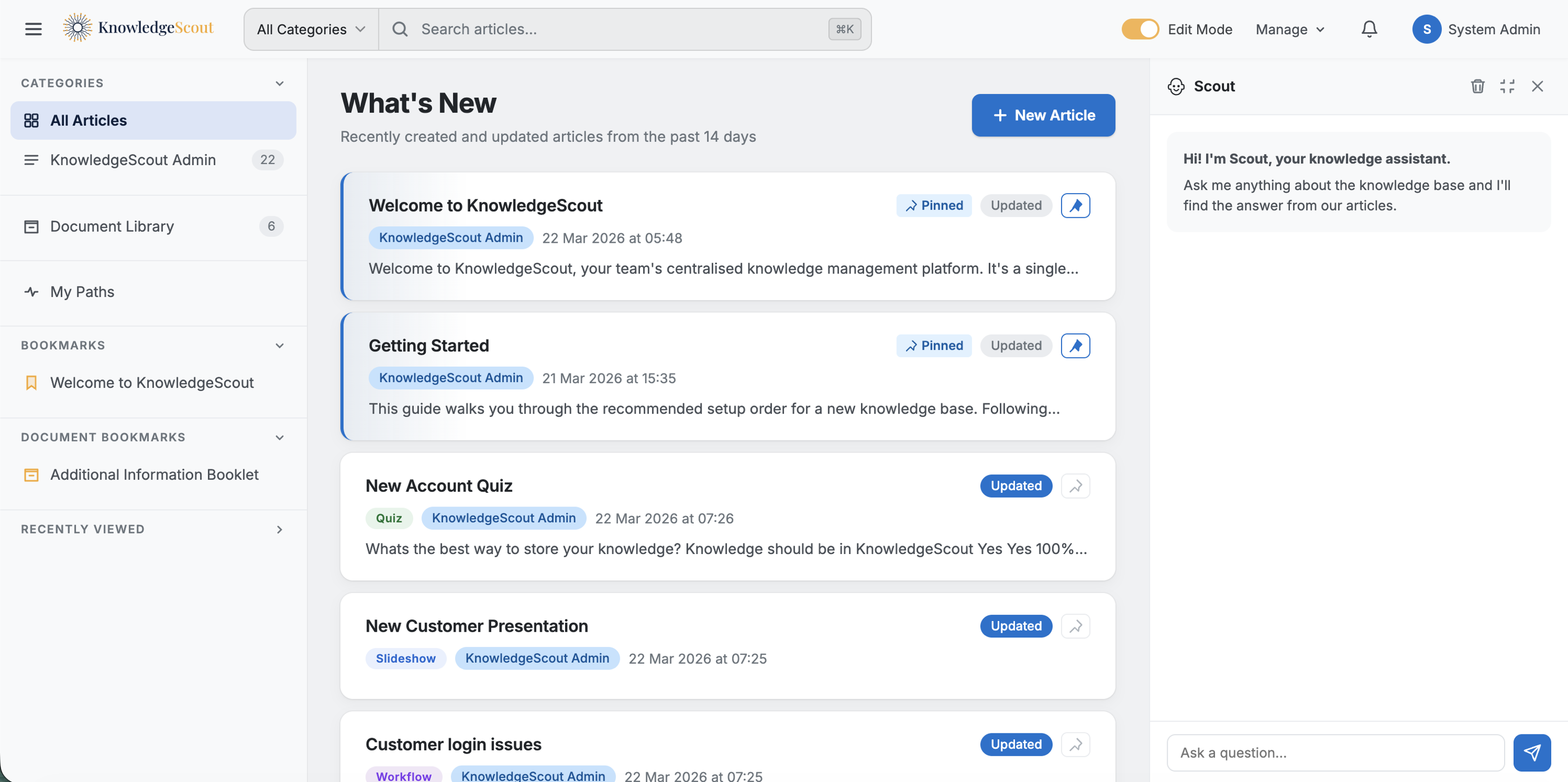 KnowledgeScout application showing the knowledge base with articles, categories, and AI chat assistant